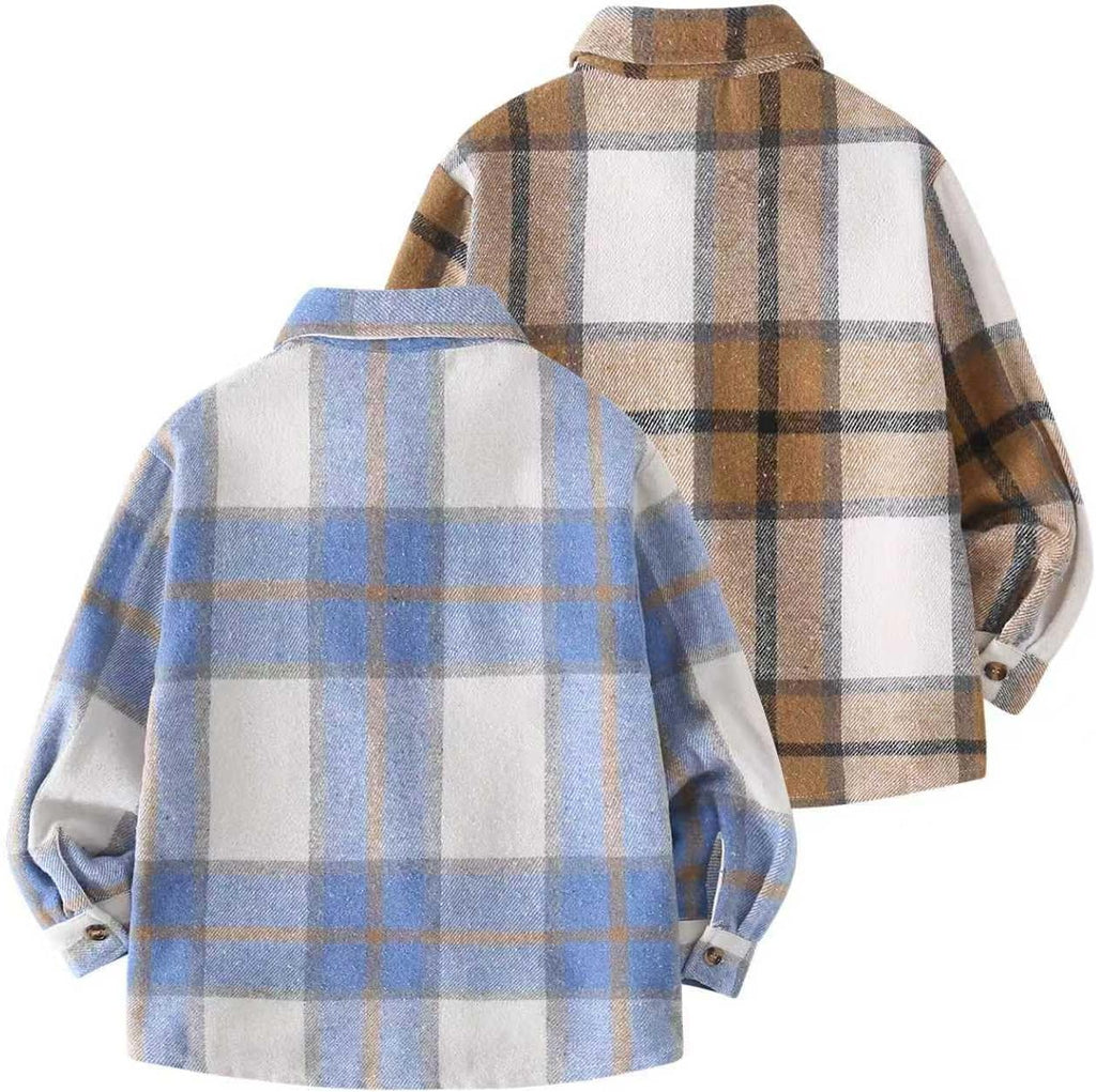 Boys Plaid Flannel Shirt 2 Piece Long Sleeve Tops Button Down Shirts