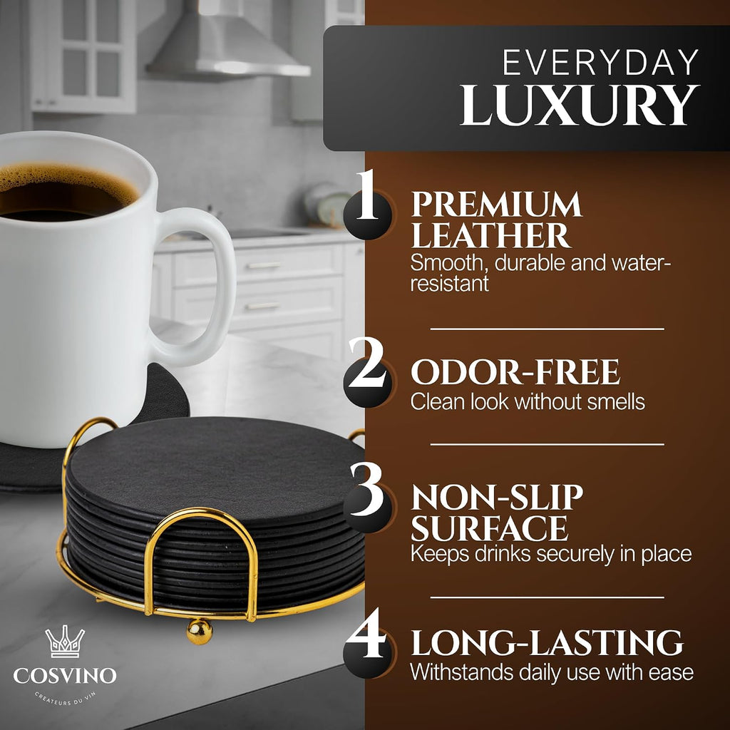 Premium Coasters Round Coasters - Gold Metal Holder - Italian Design - Tuxedo Black - Set of 10