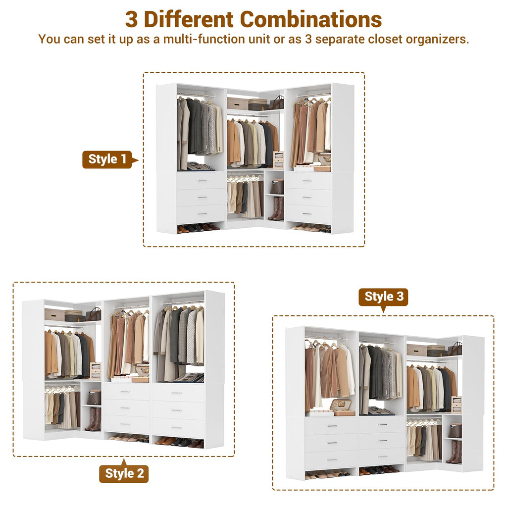 Closet System with 6 Drawers, 4 Hanging Rods & Corner Tower, Corner Closet System with Hanging, 76.5" L-Shaped