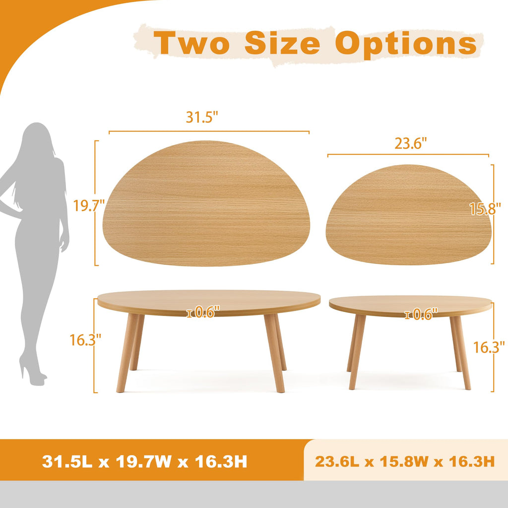 Coffee Table, 31.5" Low Coffee Tables with Solid Wood Legs Kidney Natural