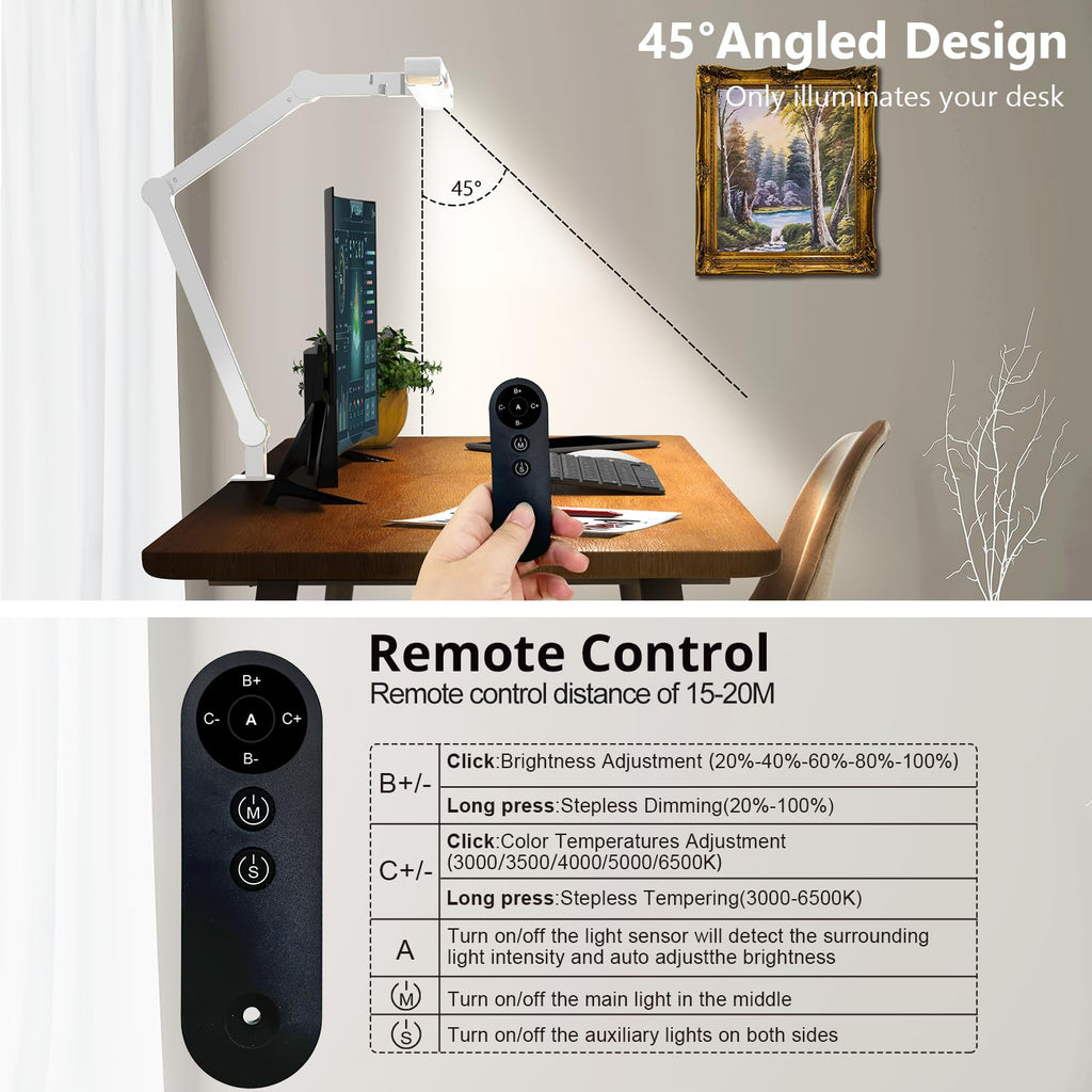 Architect Desk Lamp with Clamp, Led Desk Lamp with Remote Control, 24W Bright Dimmable Computer Light with Atmosphere