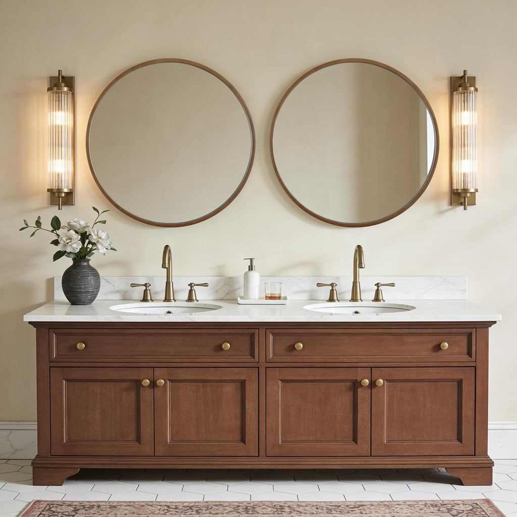 Round Wood Mirror, 32" Round Modern Decoration Large Circle Wall Mirror Living Room Bedroom Entryway, Walnut