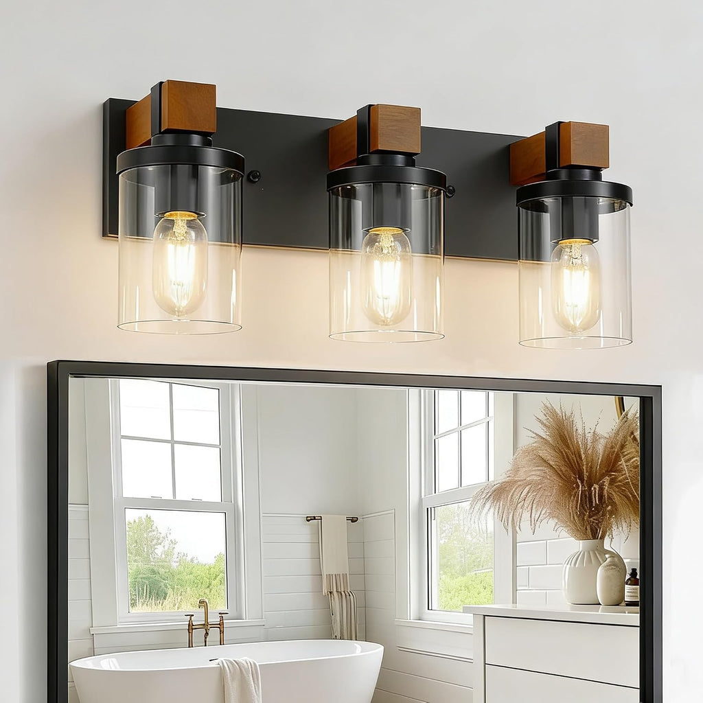 3-Light Farmhouse Bathroom Light Fixtures, Black Bathroom Vanity Light Fixtures Over Mirror, Rustic Sconces Wall