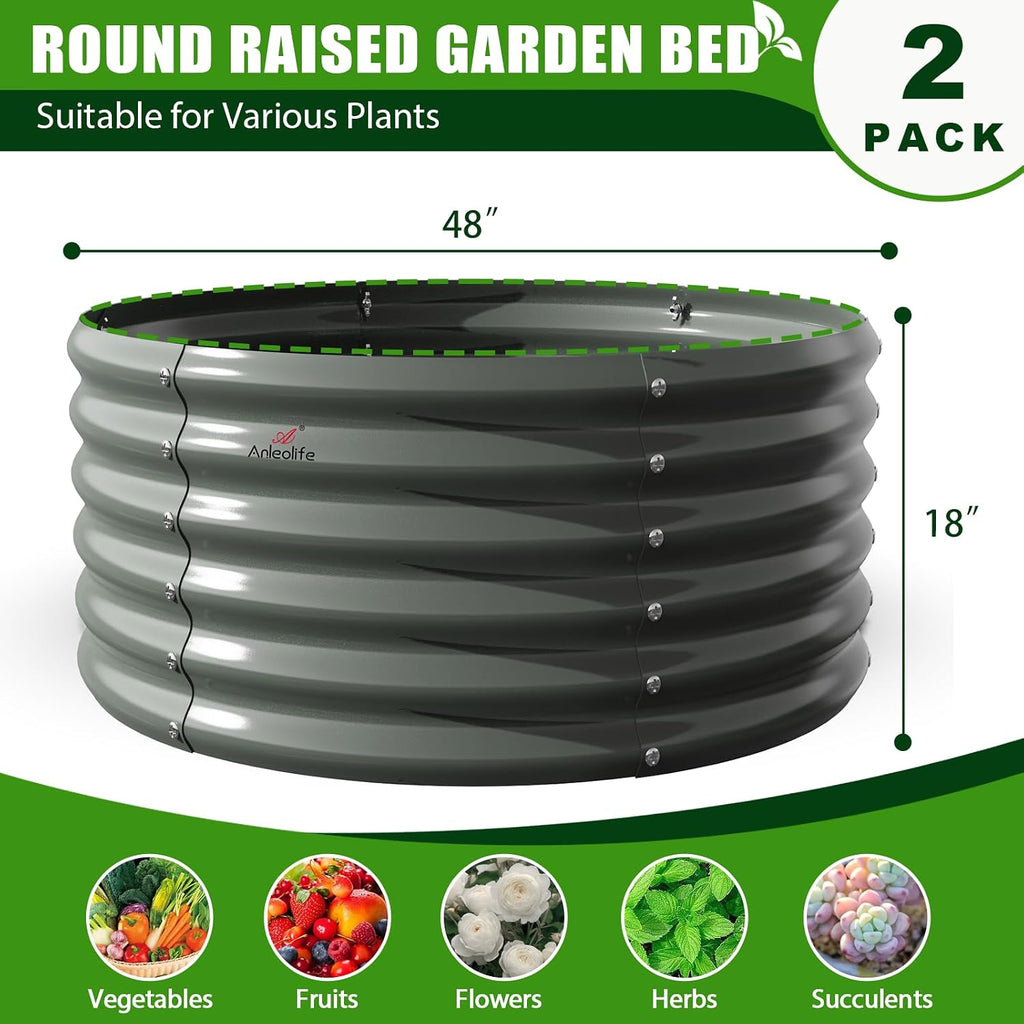 Anleolife 2-Pack 4ft x 18in Round Raised Garden Beds, Quartz Grey | Two Complete 4ft Circular Beds Create Separate