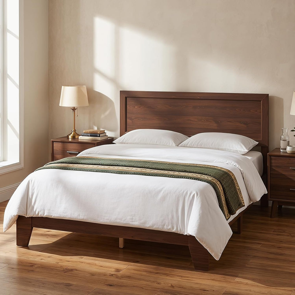 Queen Bed Frame, Mid-Century Modern Platform Bed with Headboard, Wooden Slat Support Mattress Foundation, Under-Bed