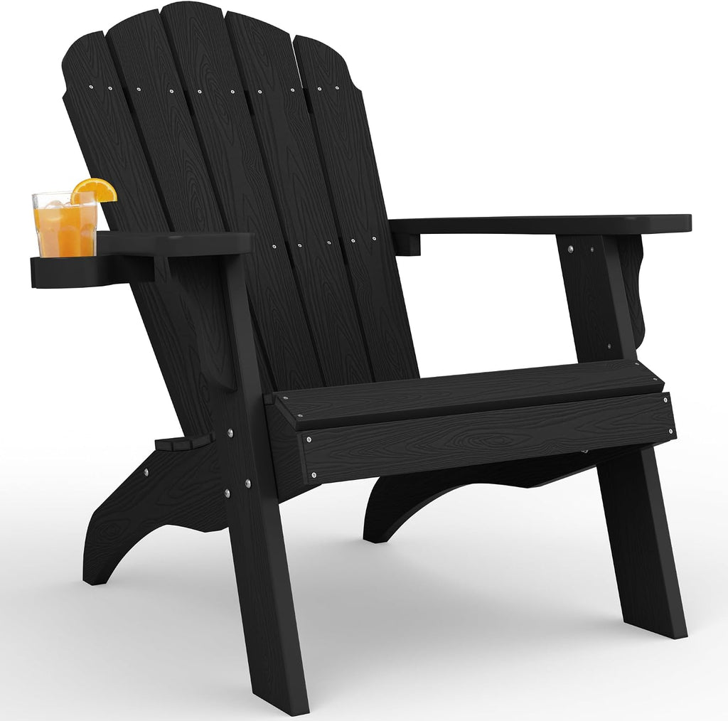 Oversized Adirondack Chair with Cup-Holder - Black | Heavy Duty Poly Lumber Outdoor Fire Pit Chair, Weather