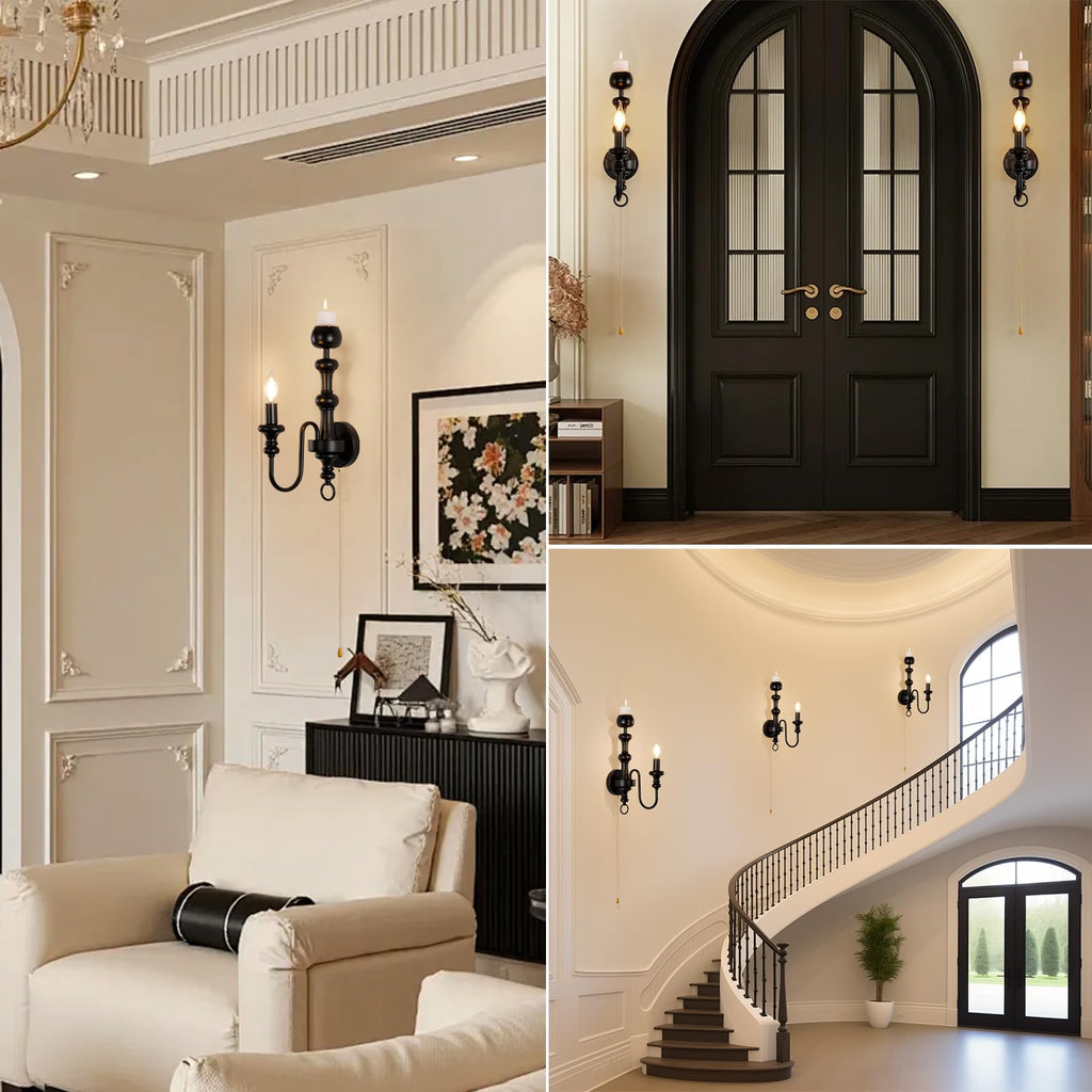 Matte Black Iron Single‐Arm Wall Sconce, Retro Farmhouse Hardwired Wall Lamp with Scented Candle Tray & Pull Chain