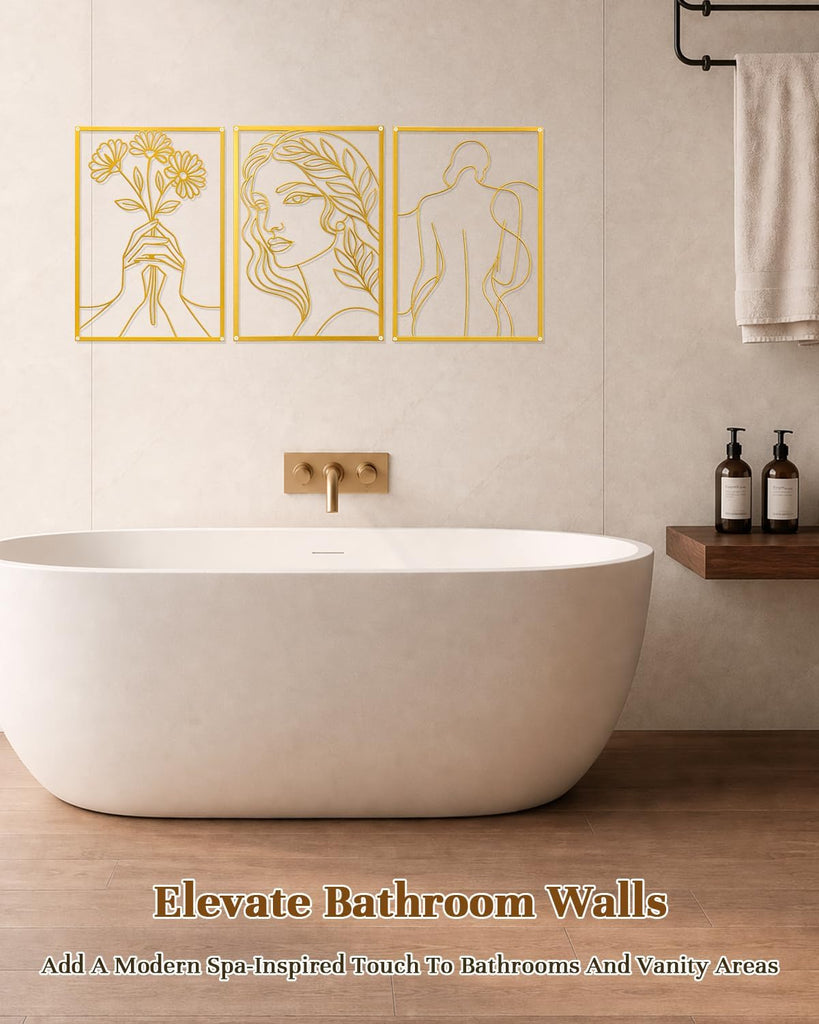 Golden Metal Wall Art Set, Woman Line Art & Floral Wall Decor - Set of 3