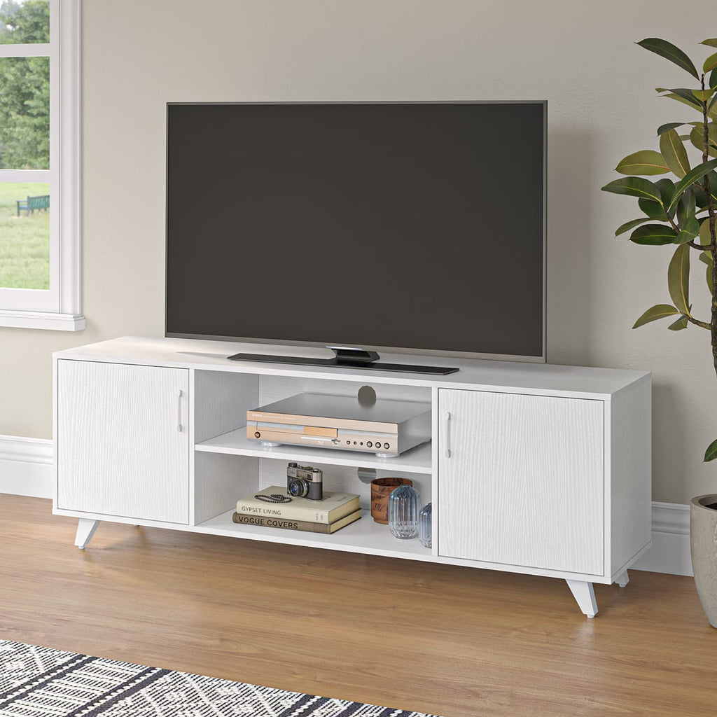 Modern TV Stand, Entertainment Center Television Stands Console with 2 Doors & Shelves Media Console (White, 63" x