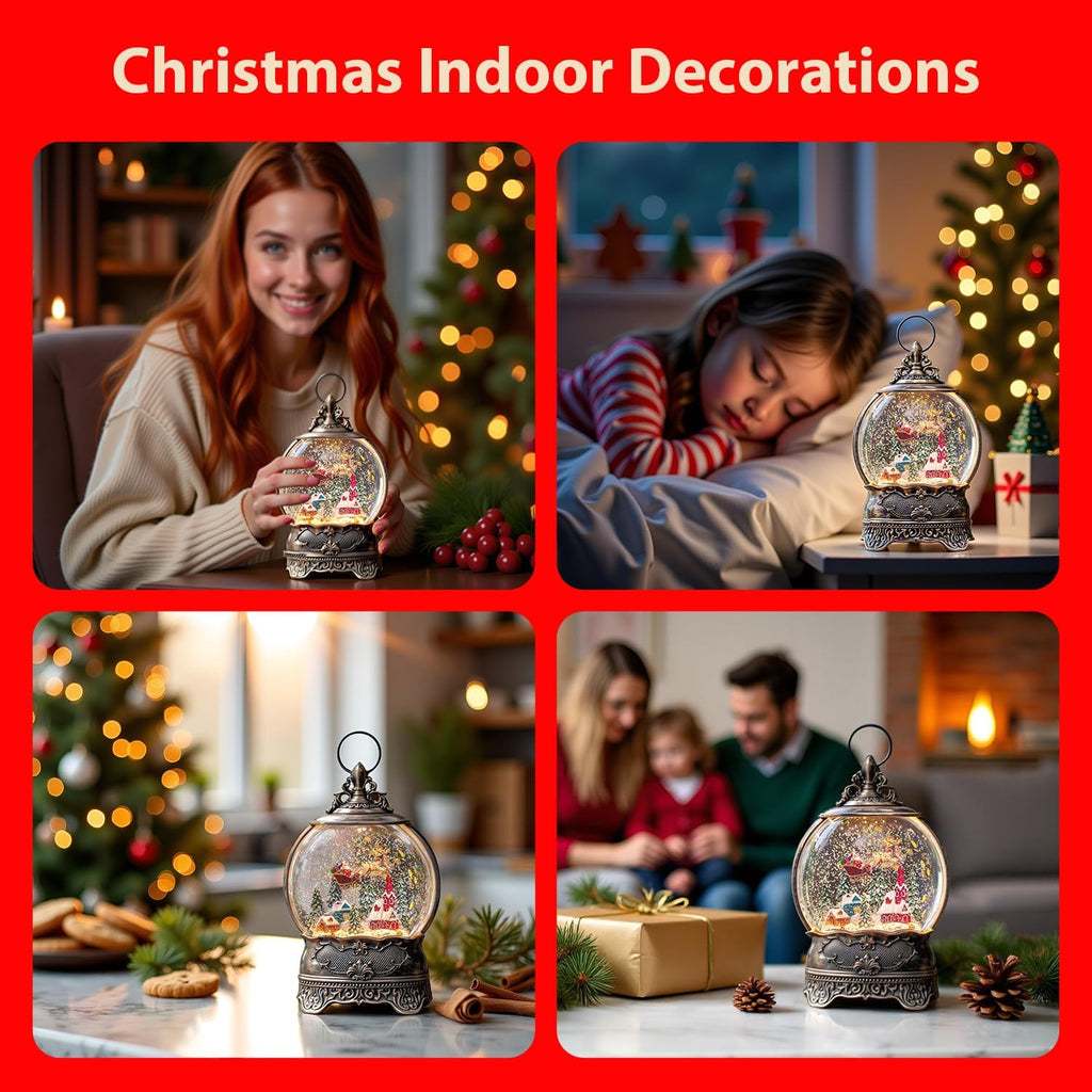 Christmas Snow Globe Lantern with Santa Claus Flying Reindeer, Lighted Swirling Glittering Snow Globes with Music &