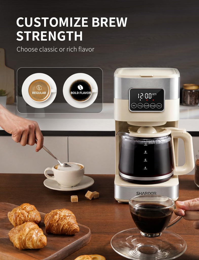 10-Cup Programmable Coffee Maker, Regular & Strong Brew Drip Coffee Machine, Auto Shut Off, Permanent Filter (Beige)