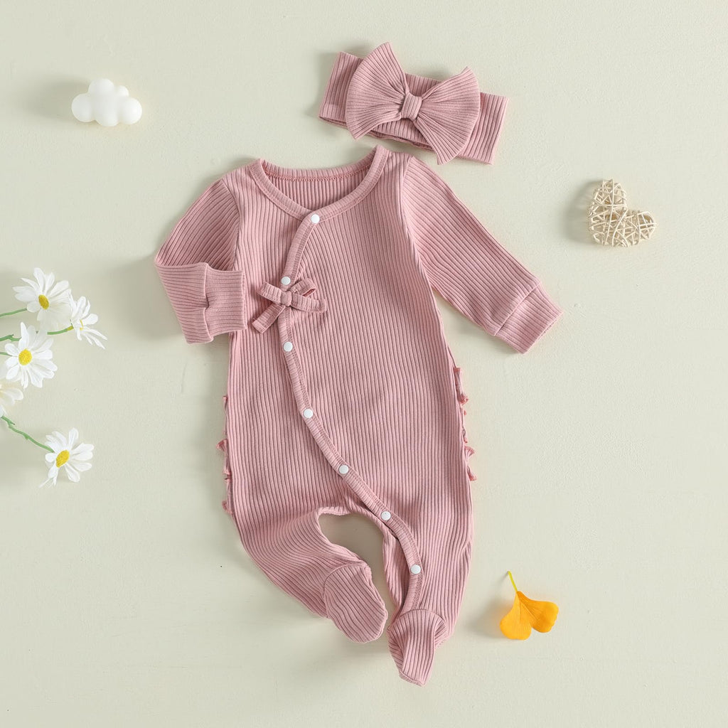 Newborn Girl coming home Outfit Baby Ribbed Knit Romper Side Tie Footed (Pink, Newborn)