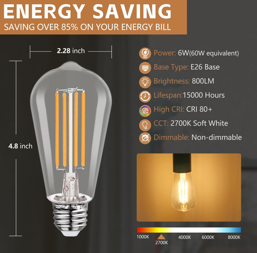 4 Pack Vintage LED Edison Bulbs, 6W Equivalent 60W, Non-Dimmable