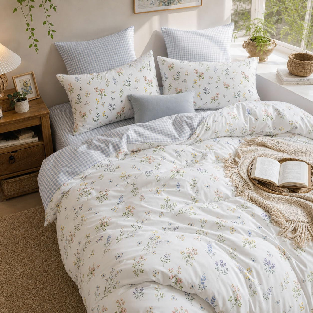 Floral Comforter Set Reversible Blue Gingham Bedding