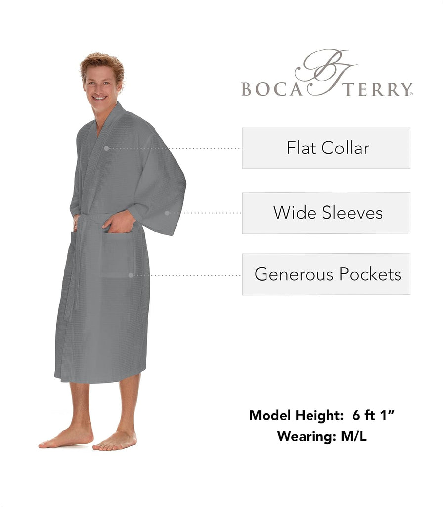 Men's Waffle Robe by BOCA TERRY, Waffle Knit Spa Robe, Long Lightweight Cotton Kimono Hotel Bathrobe