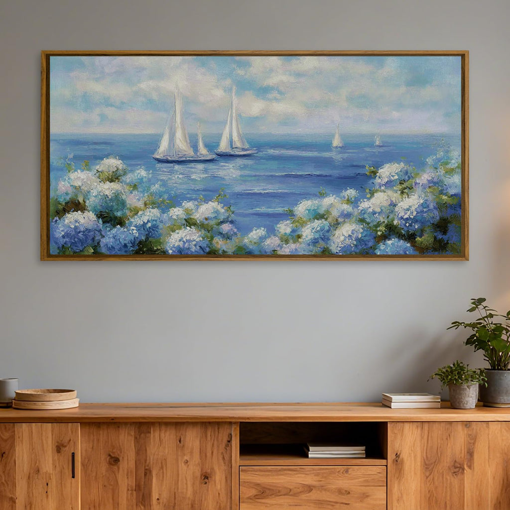 Blue Hydrangea Wall Art Framed Coastal Sailboat Floral Art Print