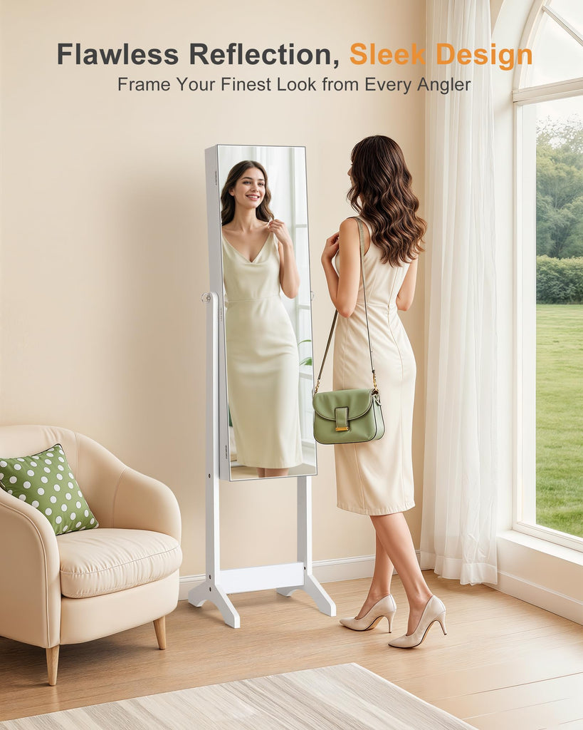 Freestanding Jewelry Cabinet, Full Length Mirror, Moon White