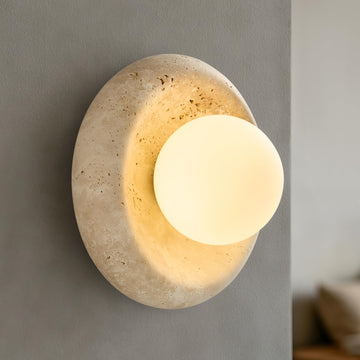 Natural Yellow Travertine Wall Sconce, 7.9" Wabi Sabi Round Stone Wall Lamp