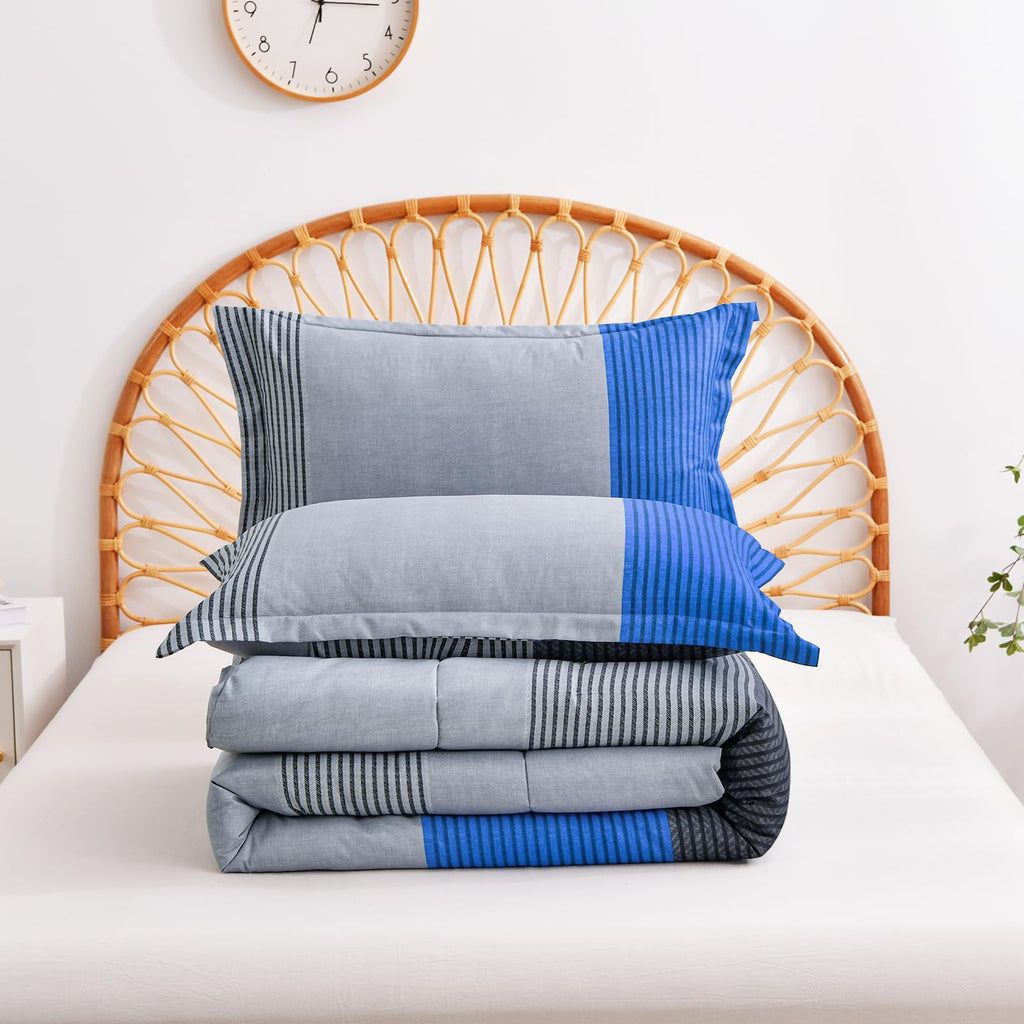 Blue Stripe Comforter Set Reversible Grey Blue Bedding Comforter Set for Bed, 2 Pieces (1 Comforter+1