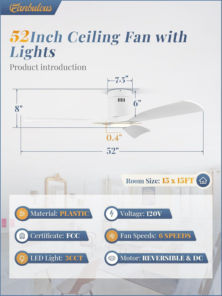 52" Low Profile Ceiling Fan with Light and Remote, Timer, White