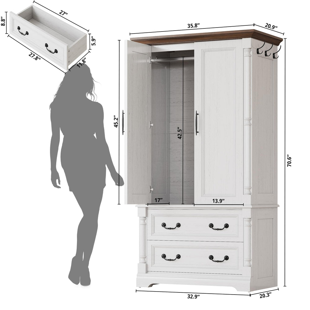 Armoire Wardrobe Closet 70" with 2 Drawers, White