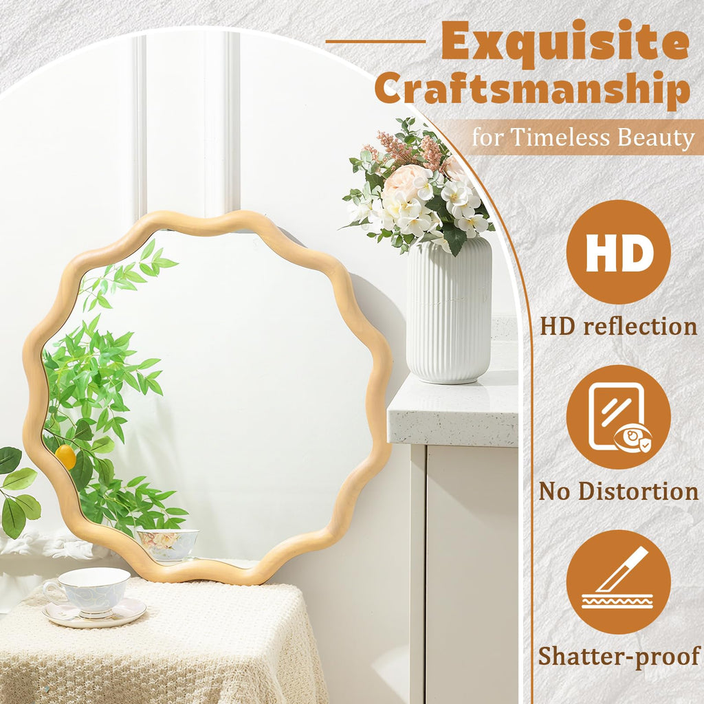 24" Scalloped Wood Wall Mirror, Boho Wall Decor, Natural