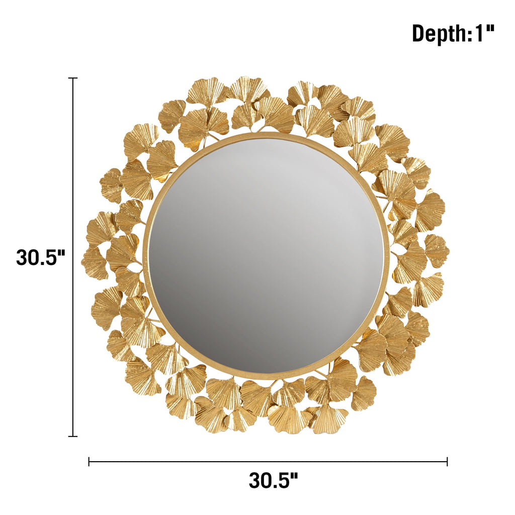 Wall Décor Large Gingko Leaf Round Wall Mirror, Iron Metal Plate Frame Antique Finish, Ready to Hang Bedroom