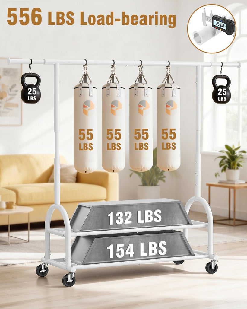 Rolling Clothes Rack Heavy Duty Clothing Racks with 2 Shelves, White