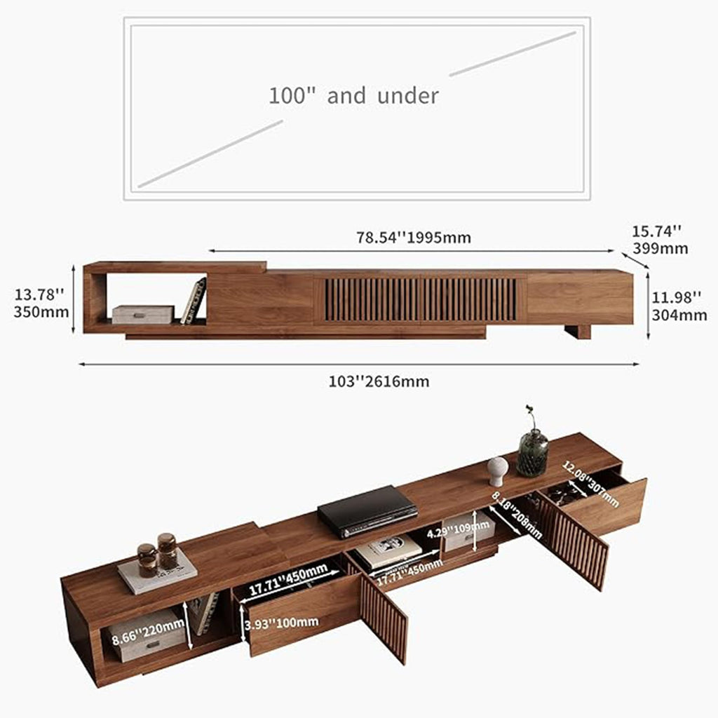 78.54-103" Mid-Century Modern Walnut TV Stand, Extendable Media Console with Slatted Door Design, Featuring Drawers