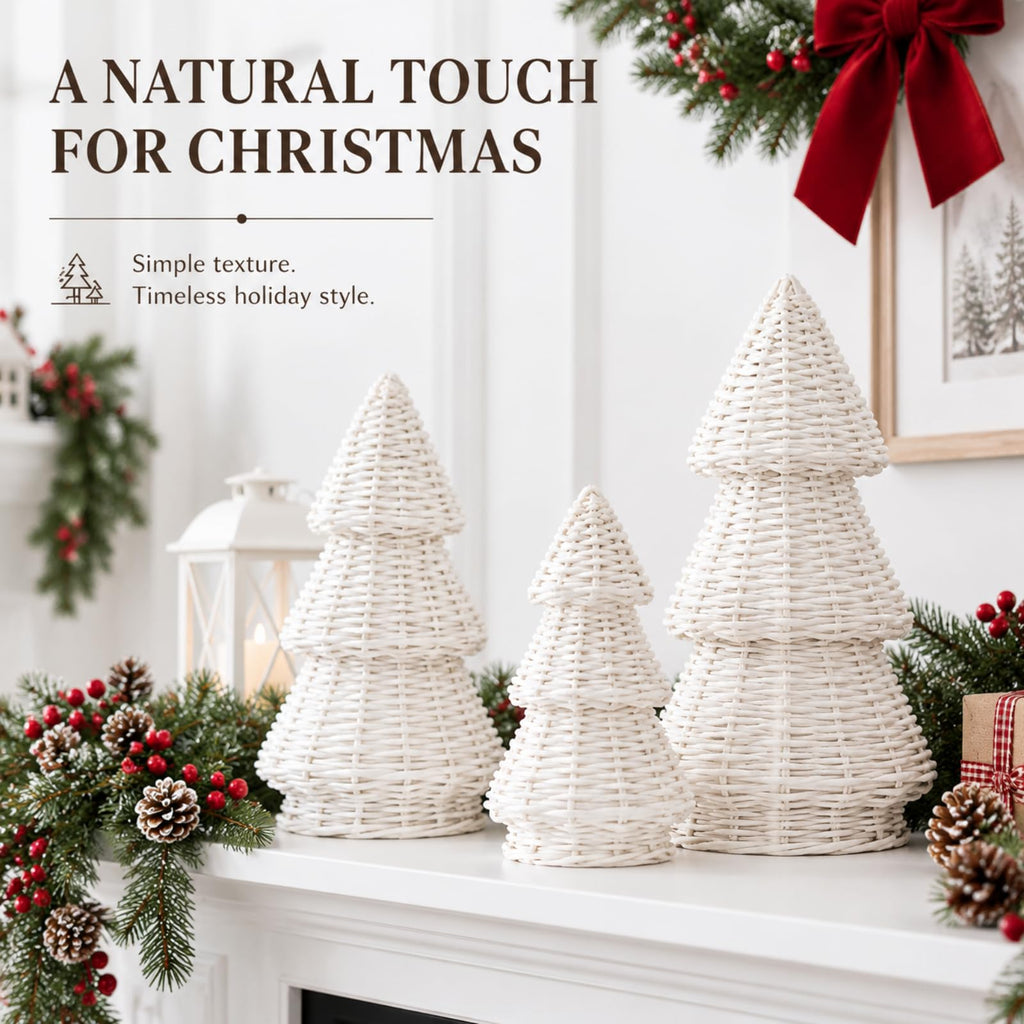 3 Pcs Woven Rattan Christmas Tree Decor, Classic Weave, White
