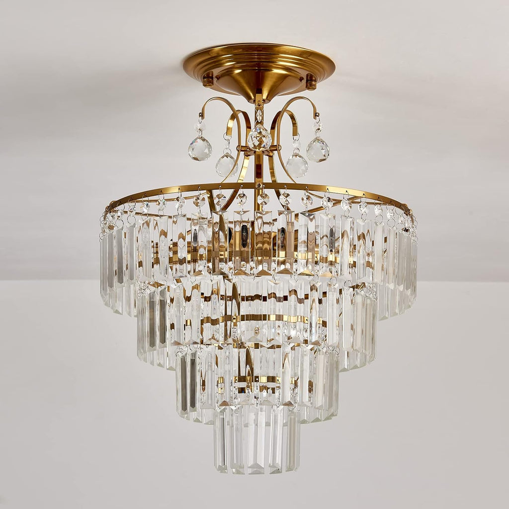 5 -Lights Crystal Gold Chandelier Fixture Modern Semi Flush Mount Ceiling Light with E12 Ceiling Lighting for Bedroom