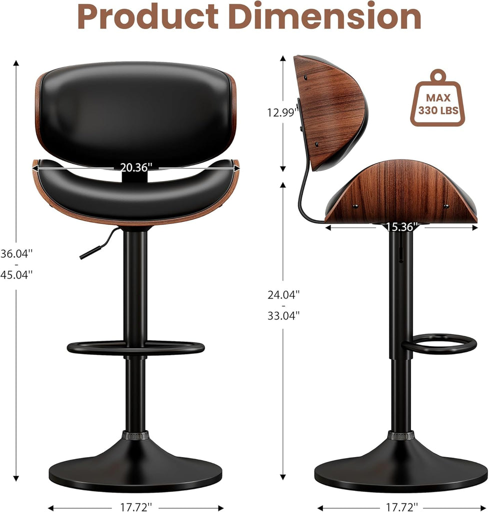 Swivel Bar Stools Set of 2 Counter, Adjustable Bentwood Barstools, Modern PU Leather Upholstered Bar Chair with Back