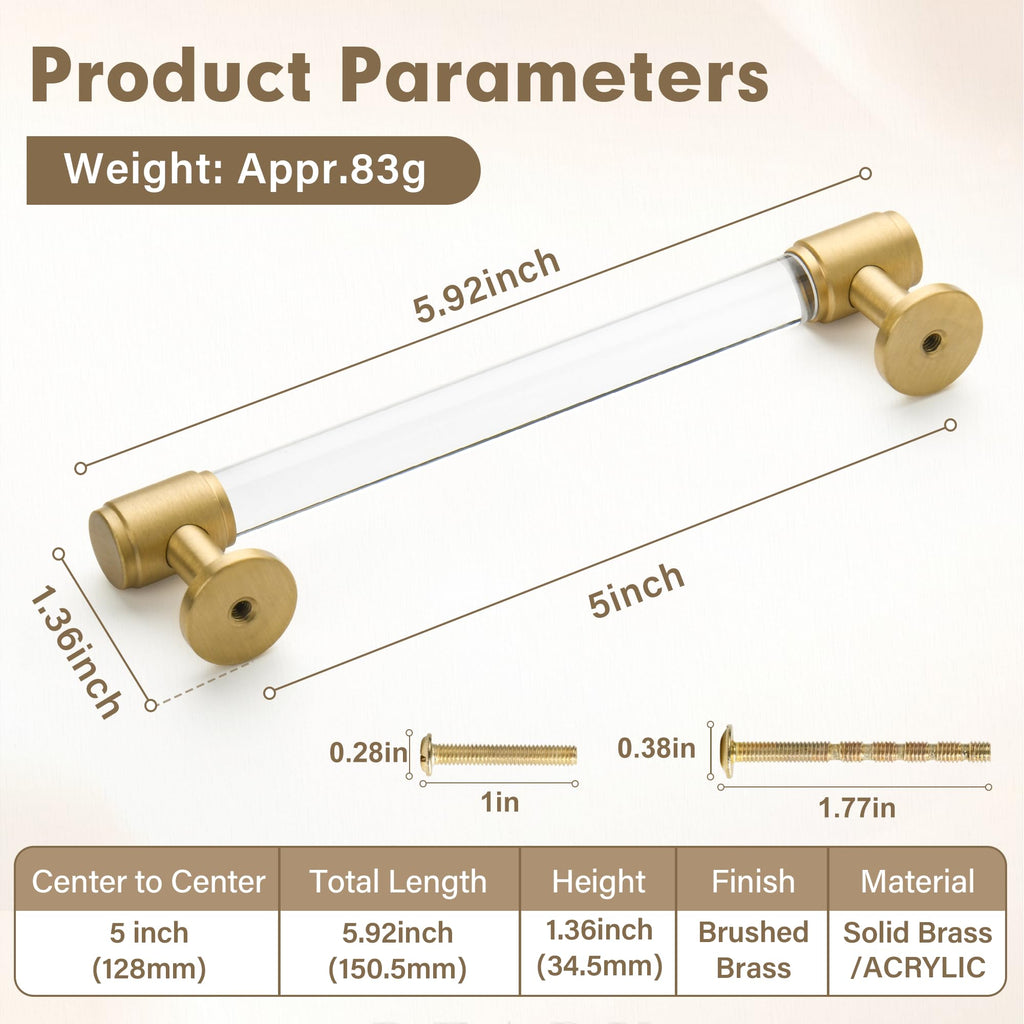 5'' Brass and Acrylic Cabinet Pulls,5 Pack Gold Drawer Handles