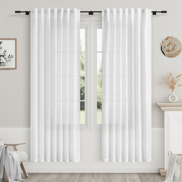 White Semi Sheer Linen Curtains 73 Inch Length 2 Panels Set Back Tab Rod Pocket Drapes Modern Farmhouse Coastal Decor