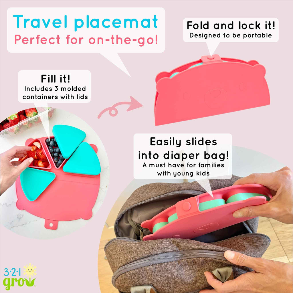 Silicone On-The-Go Snack Mat - Foldable Reusable Placemat with 3 Compartments and Lids - Travel-Friendly Baby and