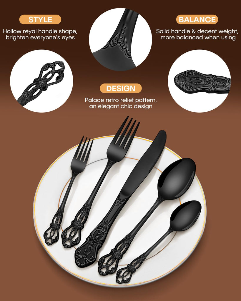 30 Pieces Royal Silverware Set for 6, Retro Gorgeous Black Flatware Set, Premium Stainless Steel Vintage Cutlery Set