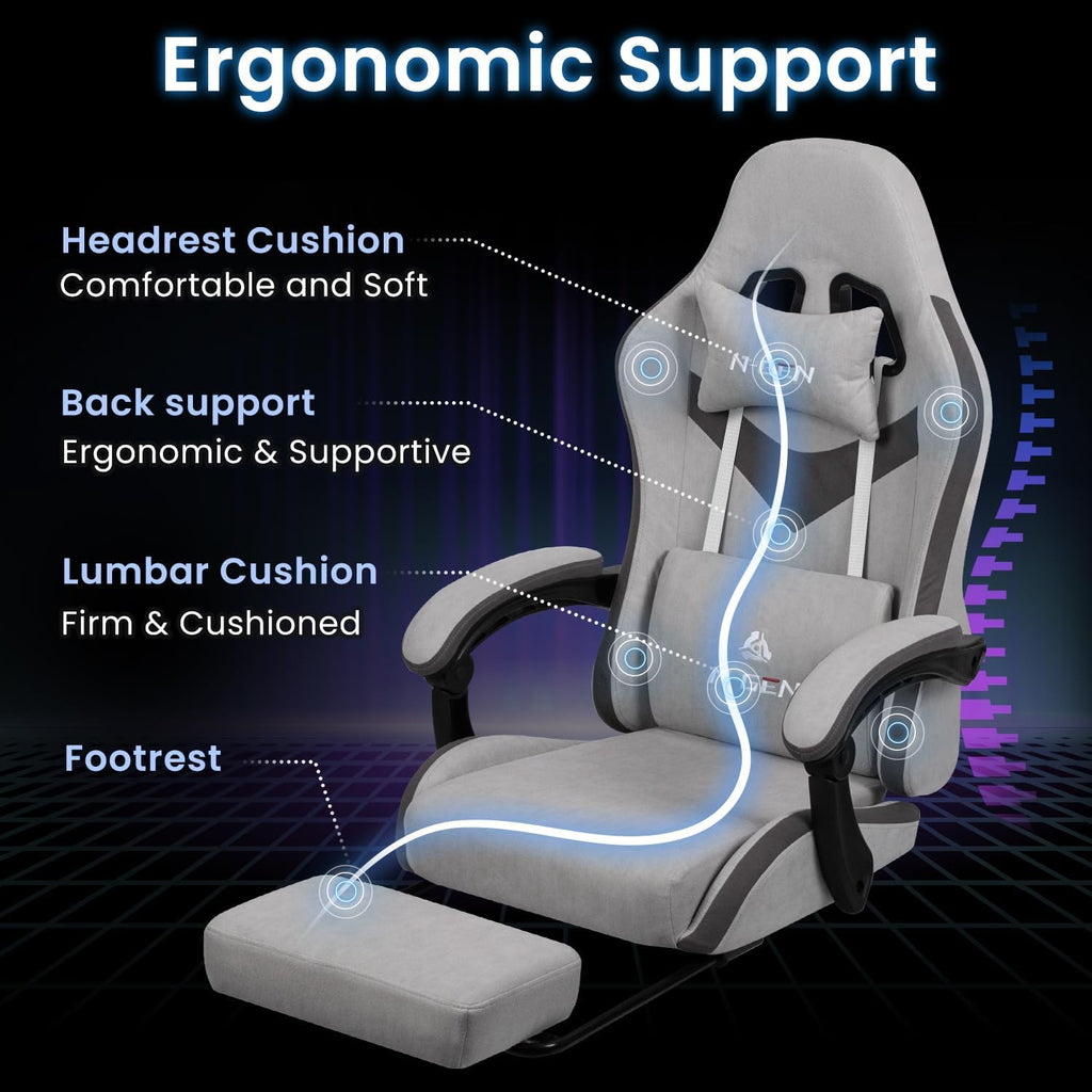 Gaming Chair, Reclining Backrest, Footrest, Fabric, Grey | Ergonomic Design with Reclining Backrest, Linkage Armrests