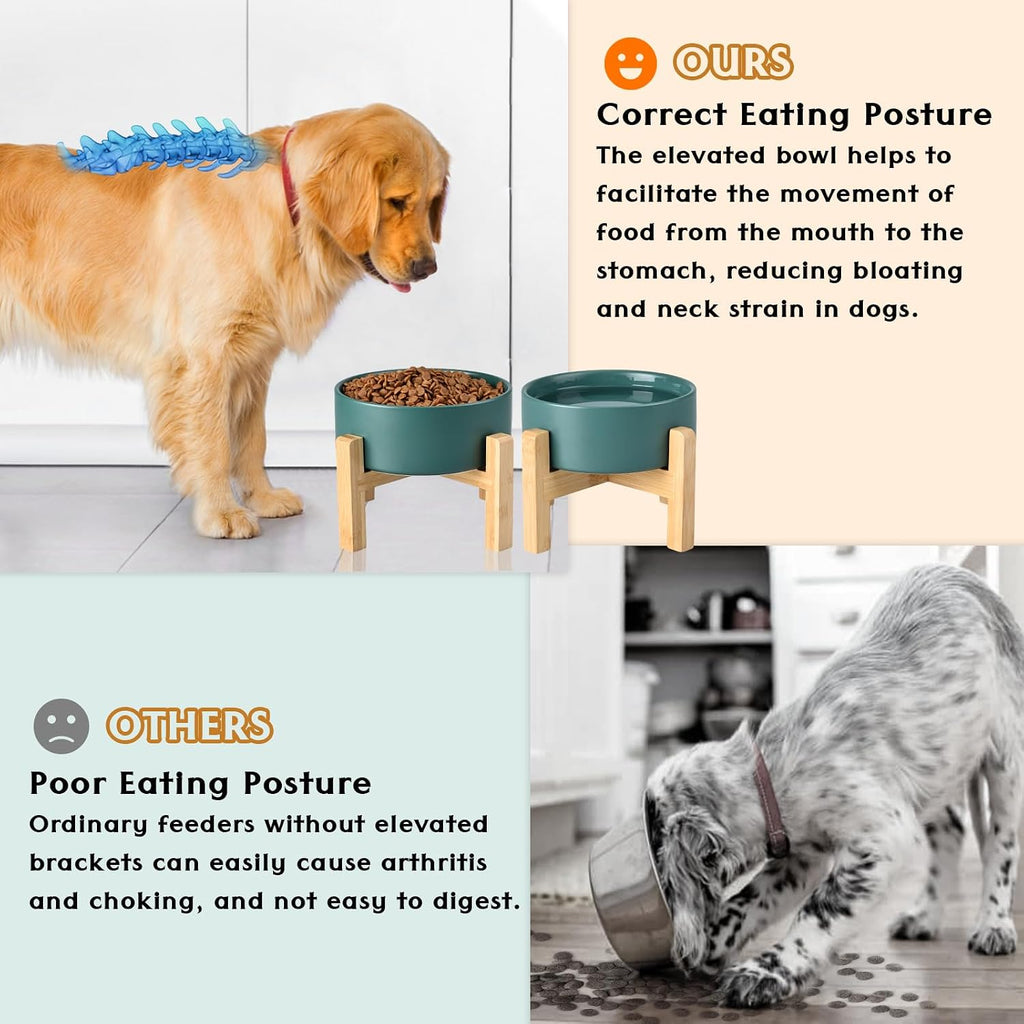 Ceramic Elevated Dog Bowls 2 Pack - 5.1inch Raised Dog Bowls with Non-Slip Wooden Stand for Small Dogs Dishwasher