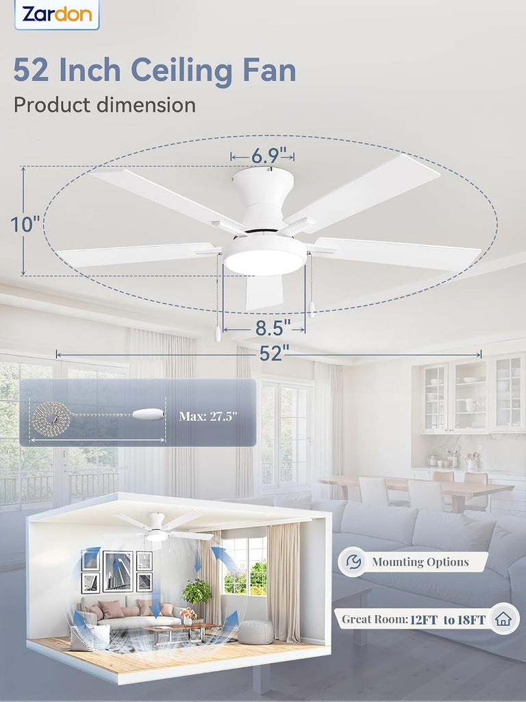 52" Low Profile Ceiling Fan with Pull Chain Remote, White