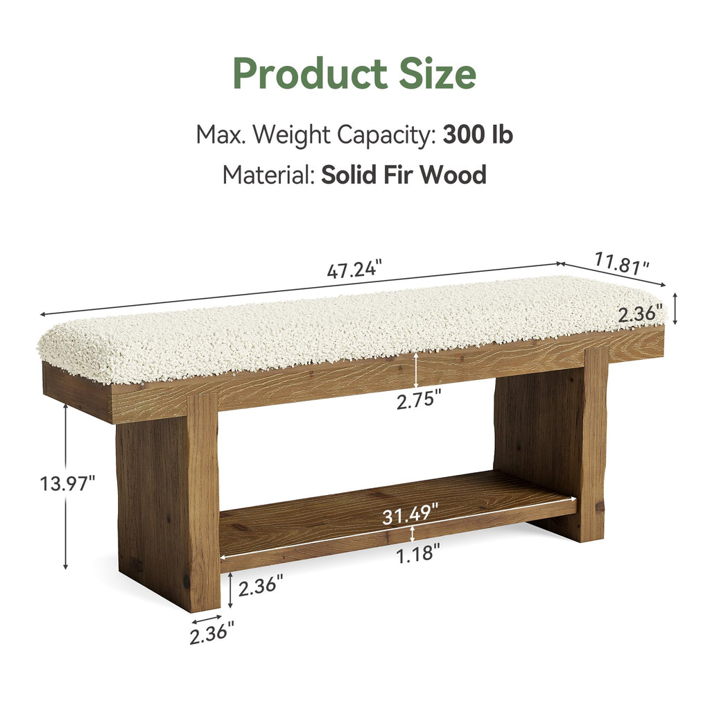 47.2-Inch Solid Wood Entryway Bench, 2-Tier Farmhouse Upholstered Bedroom Bench with Storage Shelf, Narrow Bench