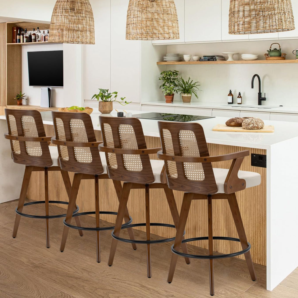 Mid Century Counter Stools, Rattan Swivel Counterstools with Walnut Finish