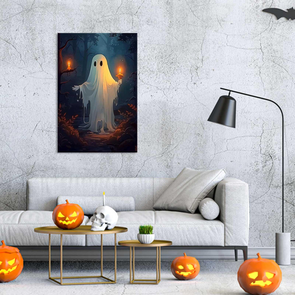 Retro White Ghost Posters Cute Horror Scary Wall Art Halloween A White Ghost Holding A Candle In A Dark Forest Prints
