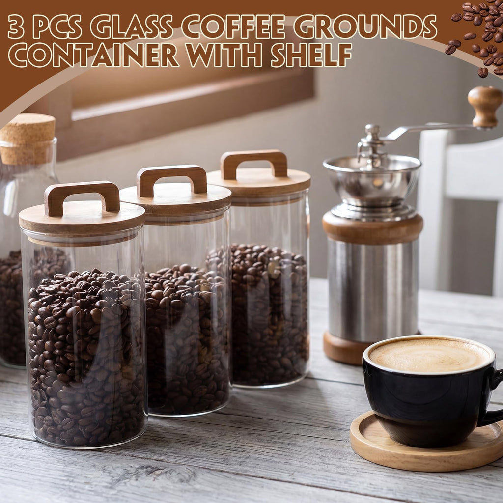 3 Pcs 42 oz Glass Coffee Grounds Container with Shelf Glass Coffee Bean Storage Canisters with Airtight Lid and
