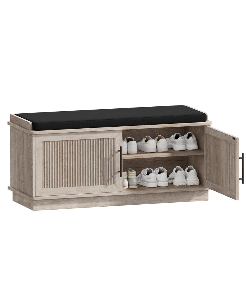 39.4" Fluted Shoe Storage Bench 2 Doors Wooden Entryway Bench Grey