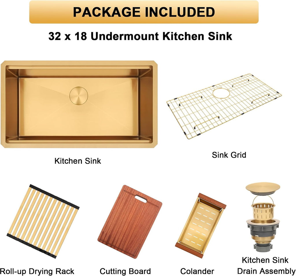 Gold Undermount Kitchen Sink,16 Gauge SUS304 Stainless Steel All In One Workstation Sinks with Full Set Accessories