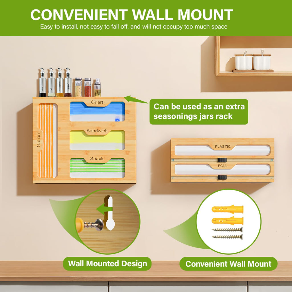 Bamboo Bag Storage Organizer - 2 Wrap Dispenser with Cutter & 4 Slots Food Storage Bags Container - Kitchen Drawer