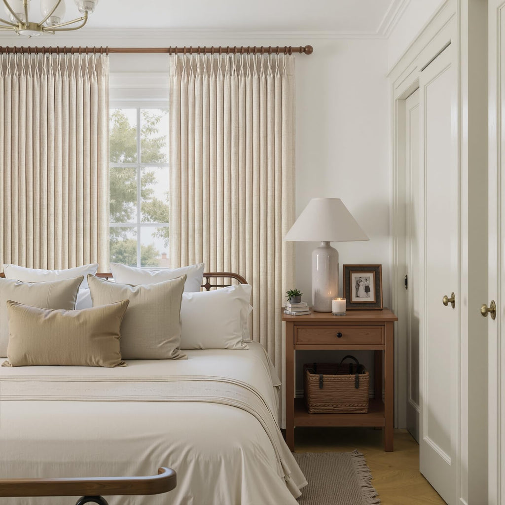 Linen Pleated Curtains 86 Inches Long Sliding Glass Door, Memory Shape Light Filtering Semi Sheer Window Drapes Non