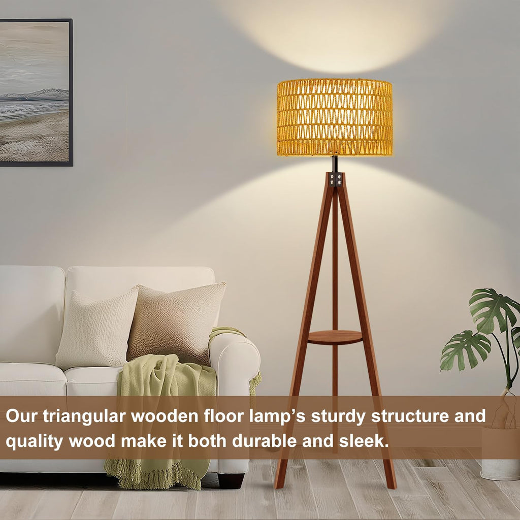 Boho Tripod Floor Lamp with Shelf, Double Lampshades Mid-Century Standing Lamps