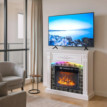 43 Inch Fireplace TV Stand for TVs up to 55 Inches, Modern Entertainment Center with 18 Inch Electric Fireplace, Mantel and LED Light Strips, White