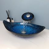 23"x14" Blue Bathroom Vessel Sink, Leaf Shape Tempered Glass Sinks And Faucet Combo